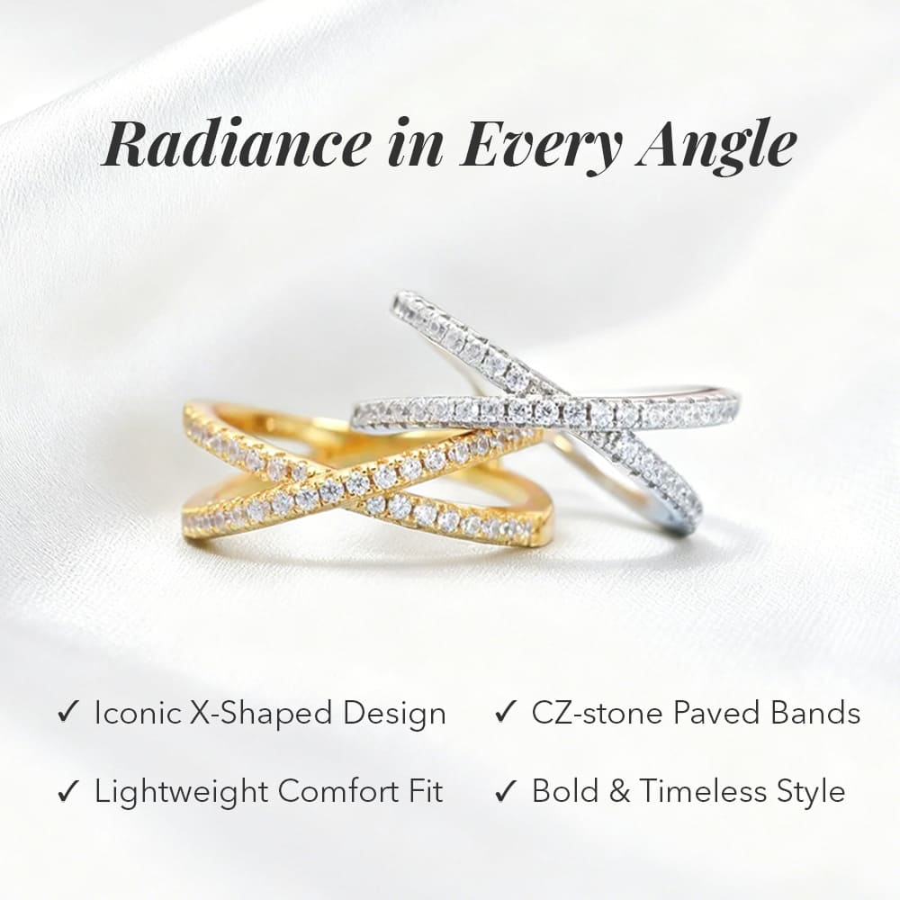 Two cross-shaped rings in gold and silver on a white background with text highlighting features.