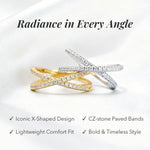 Two cross-shaped rings in gold and silver on a white background with text highlighting features.