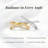 Two cross-shaped rings in gold and silver on a white background with text highlighting features.
