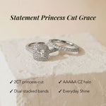 Two silver rings with princess-cut gemstones on a beige background