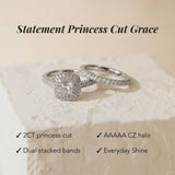 Two silver rings with princess-cut gemstones on a beige background