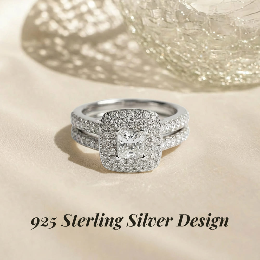 Silver ring with diamond design on a beige background