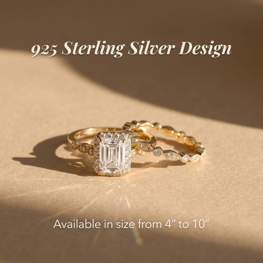 Two gold rings with gemstones on a beige background, labeled '925 Sterling Silver Design'.