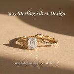 Two gold rings with gemstones on a beige background, labeled '925 Sterling Silver Design'.