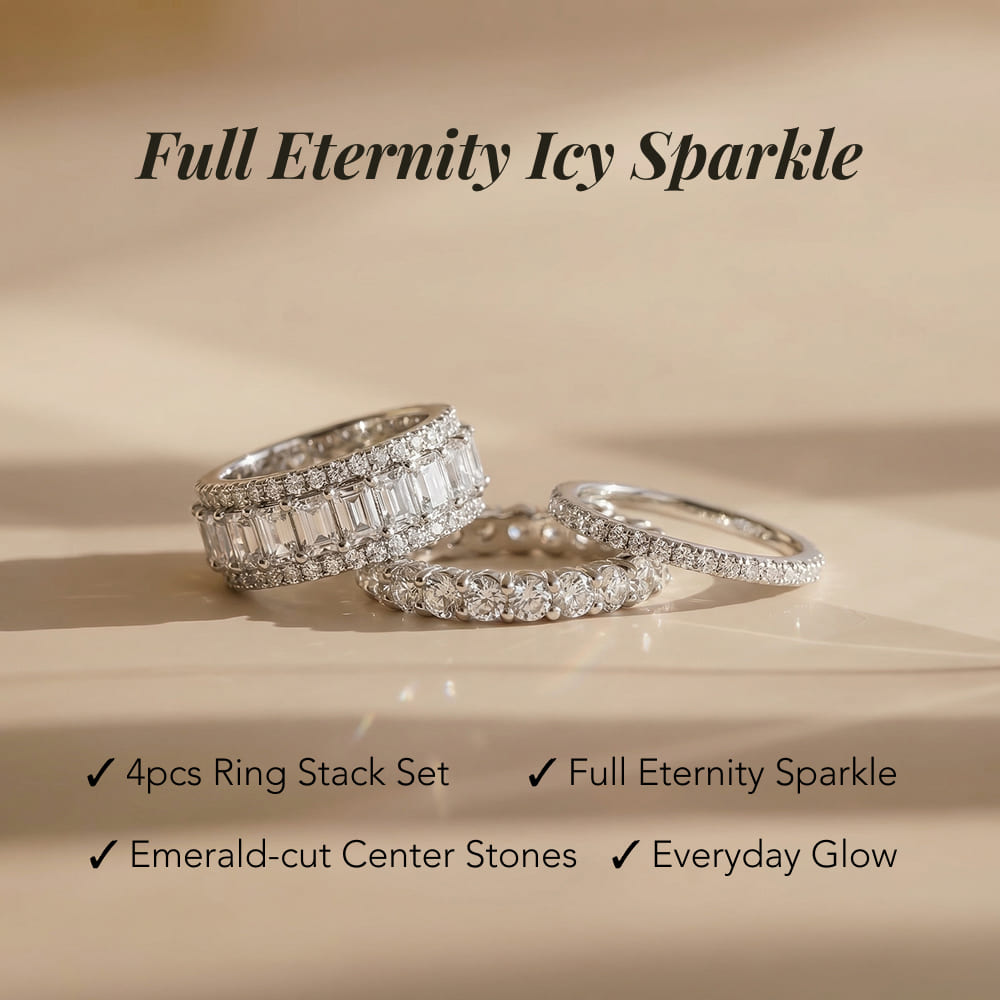 4-piece ring stack set with emerald-cut center stones on a beige background
